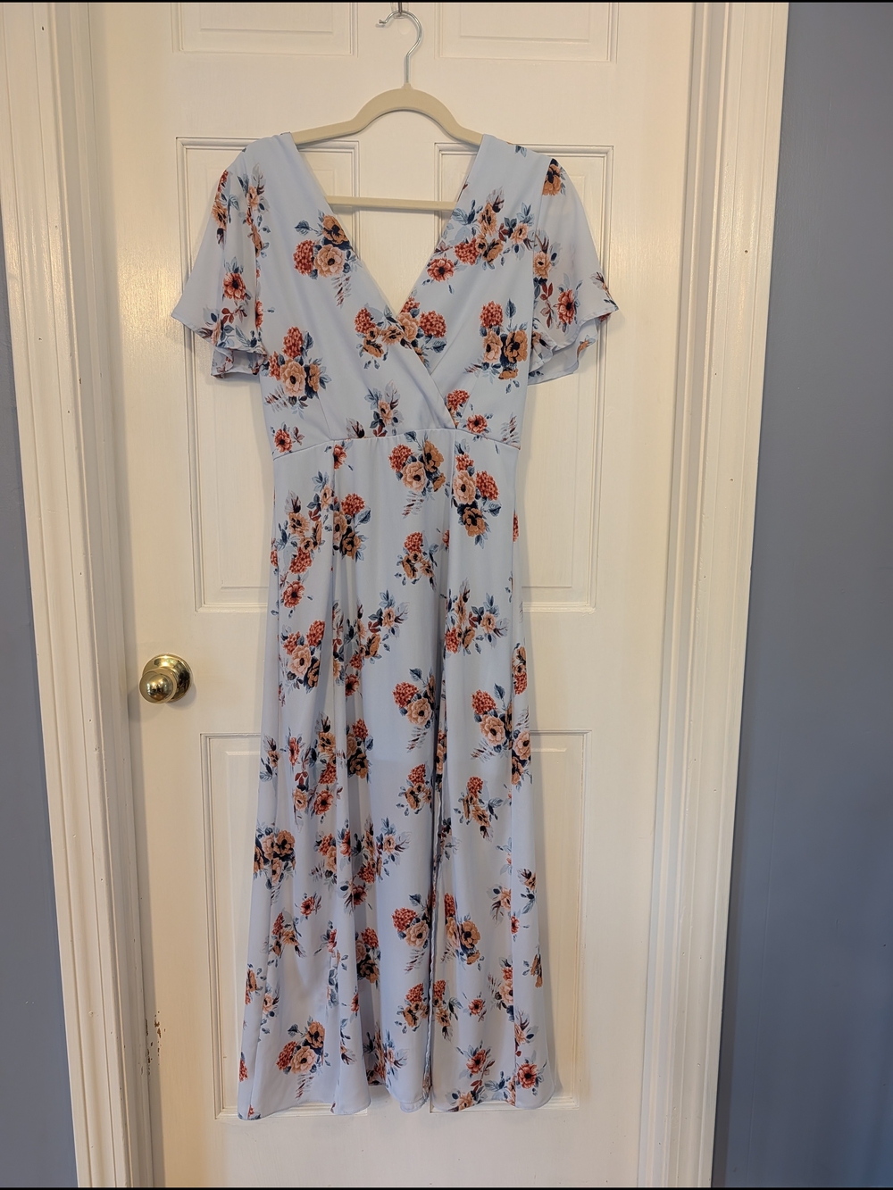 Sky Blue Floral V-Neck Maxi Dress